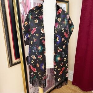 Diane Von Furstenberg Vintage Color Authority Black Multicolor Fringe Scarf